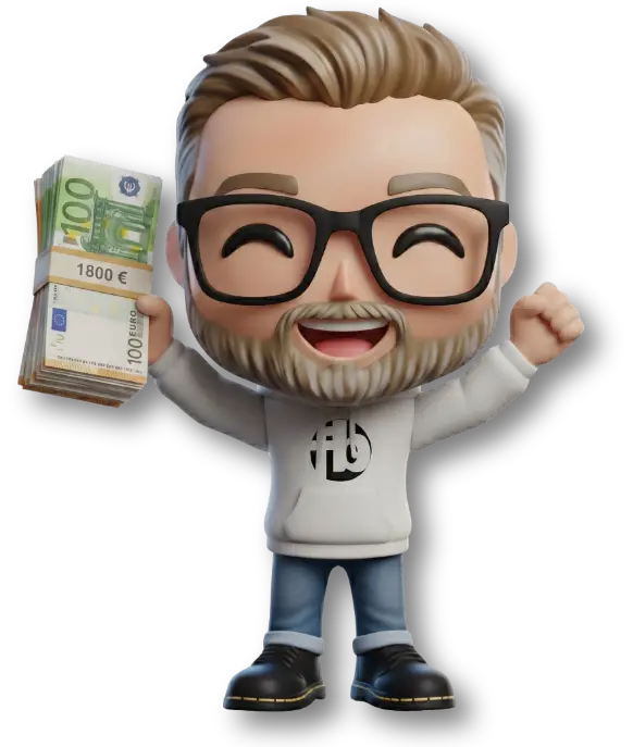 Maskottchen von Sven Höhne hält 1800 Euro Bargeld in der Hand – Symbolbild für die Anwärterbezüge eines Referendars im Referendariat.
