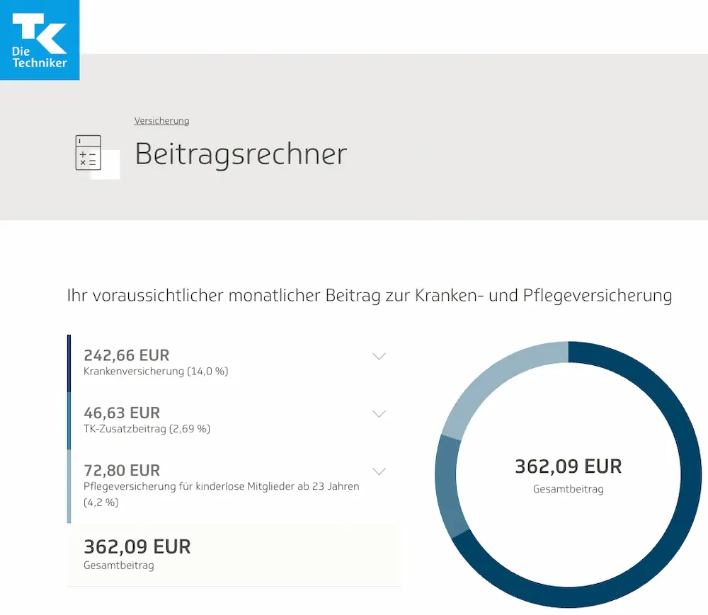Screenshot des TK Beitragsrechners mit einer exemplarischen Beitragsrechnung für den GKV Beitrag im Referendariat 2026