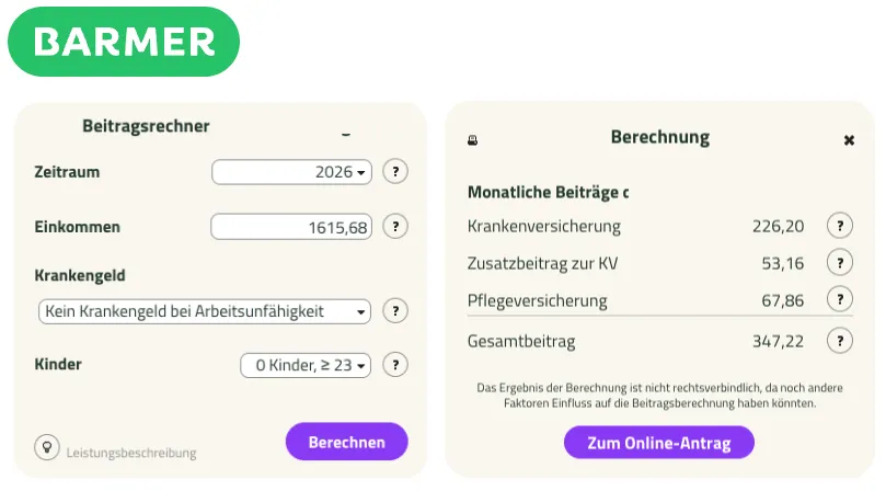 Screenshot des Barmer Beitragsrechners mit einer exemplarischen Beitragsrechnung für den GKV Beitrag für Beamtenanwärter im Gehobenen Dienst 2026