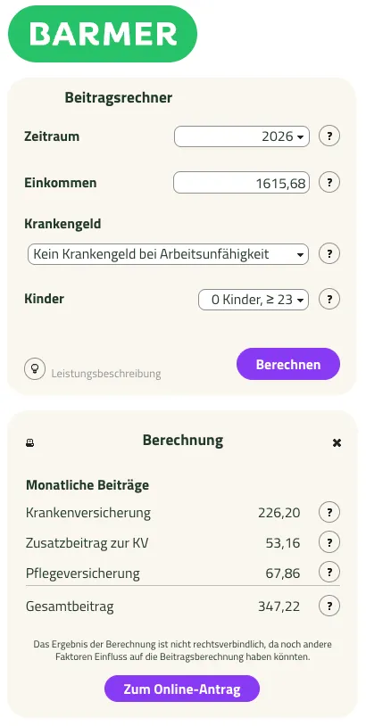 Screenshot des Barmer Beitragsrechners mit einer exemplarischen Beitragsrechnung für den GKV Beitrag für Beamtenanwärter im Gehobenen Dienst 2026