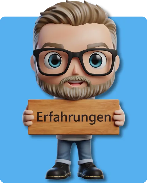 Comic-Maskottchen von Sven Höhne, PKV-Experte von fairbeamtet.de, hält ein Holzschild mit der Aufschrift „Erfahrungen“